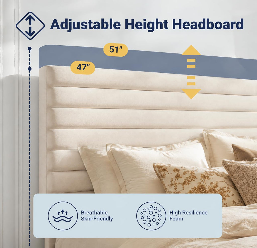 Queen Velvet Upholstered Bed Frame with Adjustable Headboard F46800