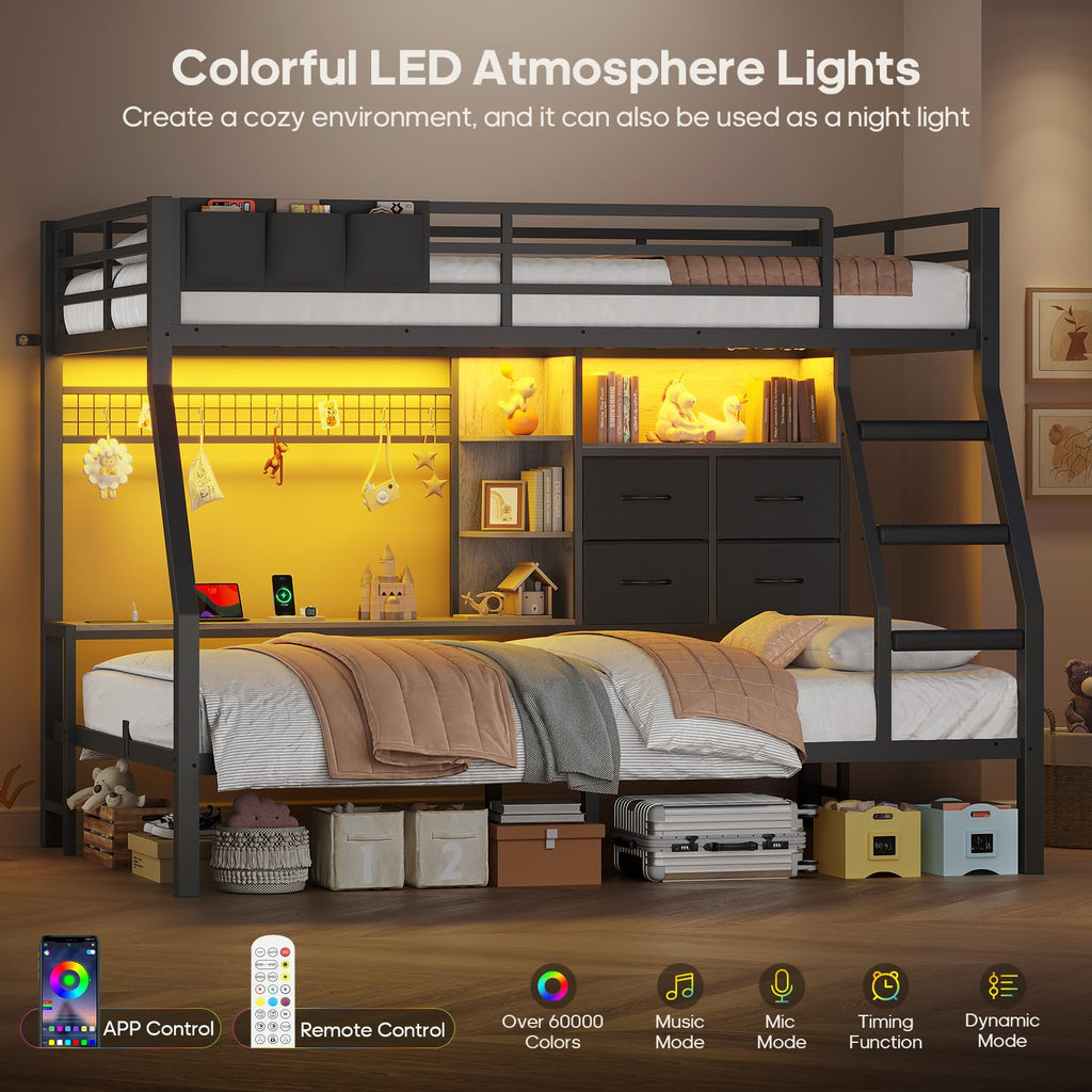 Black Twin Over Twin Bunk Bed with Charging Station & LED Lights P83254