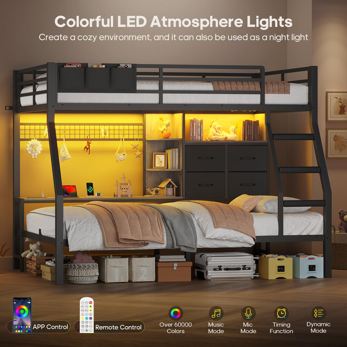 Black Twin Over Twin Bunk Bed with Charging Station & LED Lights P83254