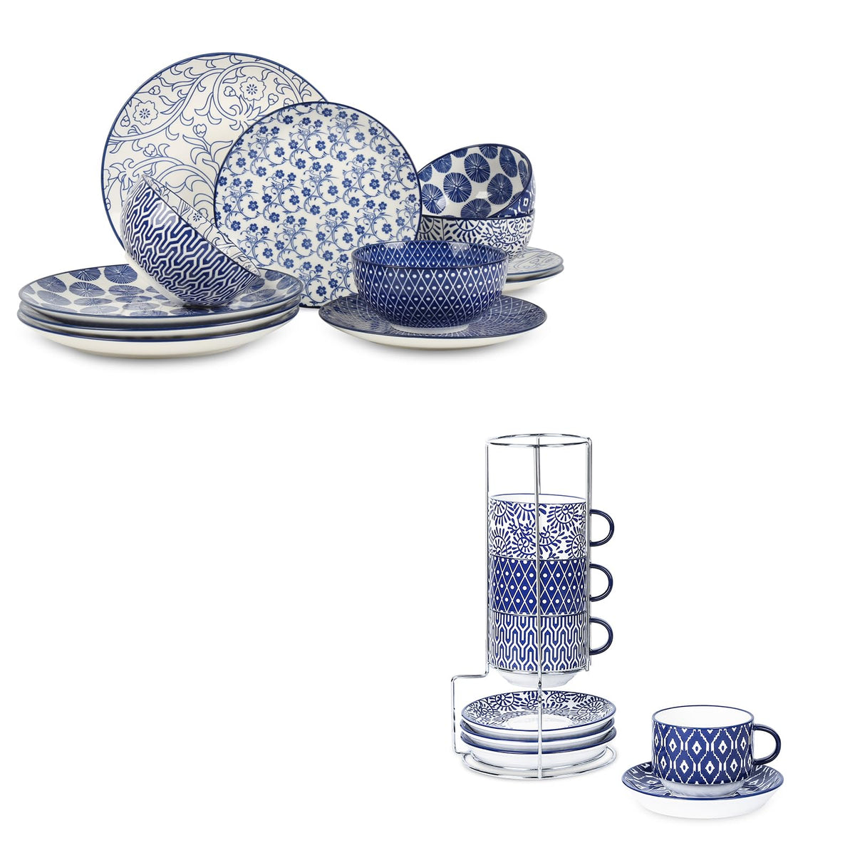 Ceramic Dinnerware Sets 12 Piece Cappuccino Cups with Saucers and Metal Stand W9930