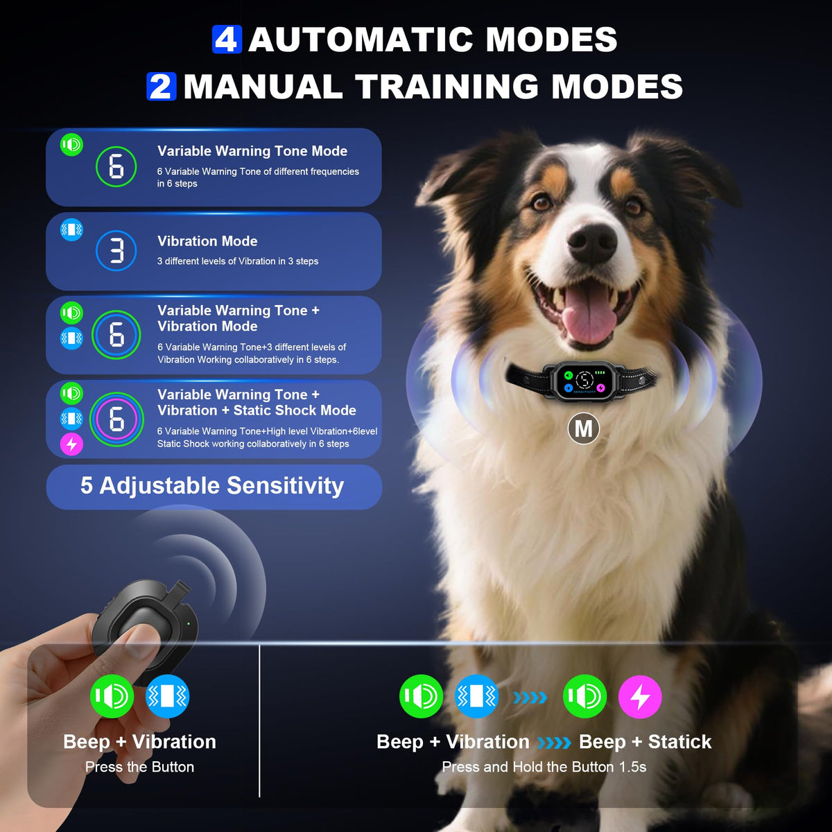 Dog Bark Collar with Remote Control, 2-in-1 Automatic & Manual Training Collar R4773
