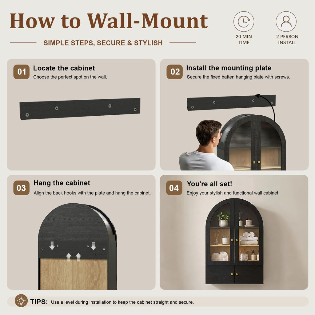 Black Arched Wall Mounted Cabinet with Glass Doors D86870