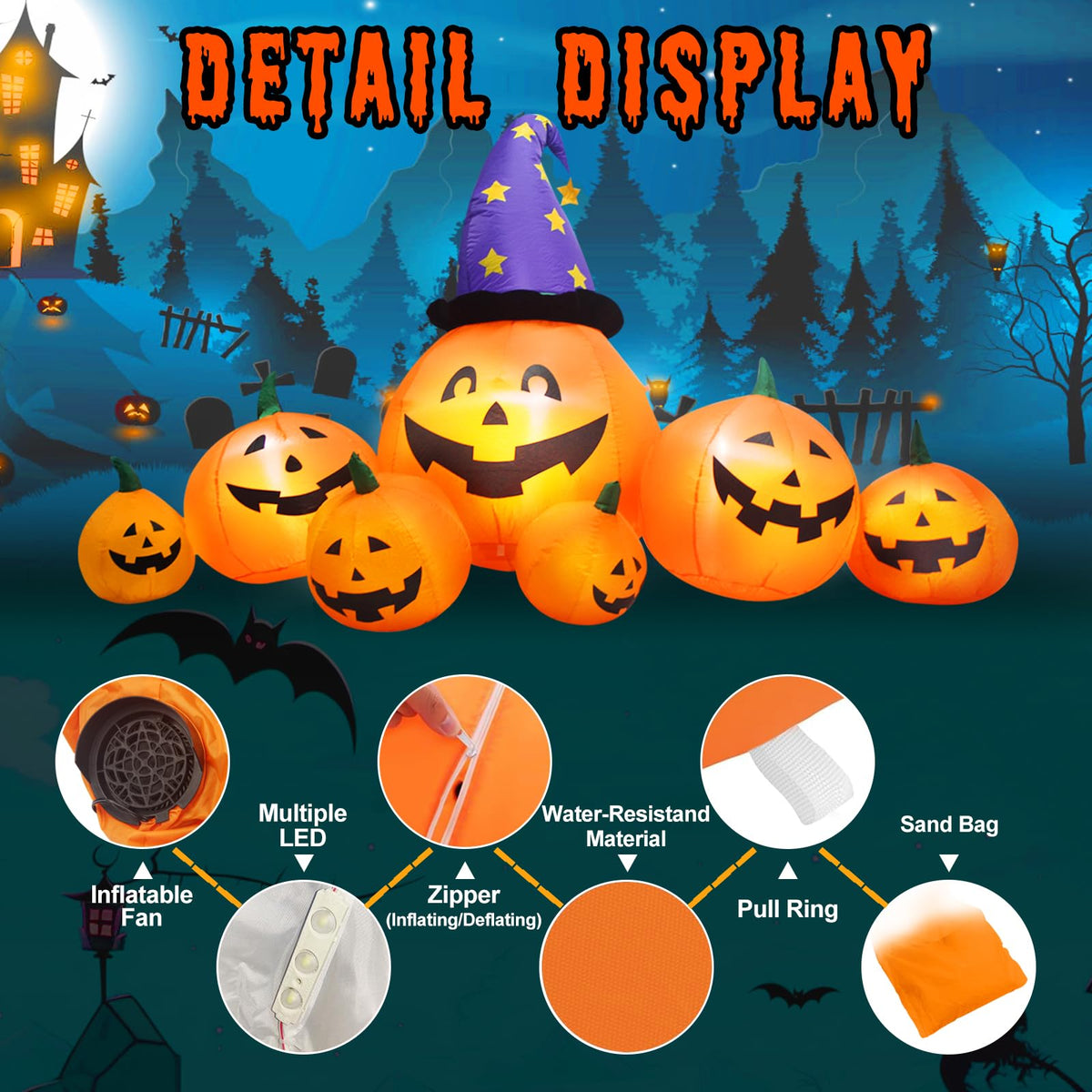8 FT Inflatable Pumpkins and Witch Hat with Built-in LED Lights R54681