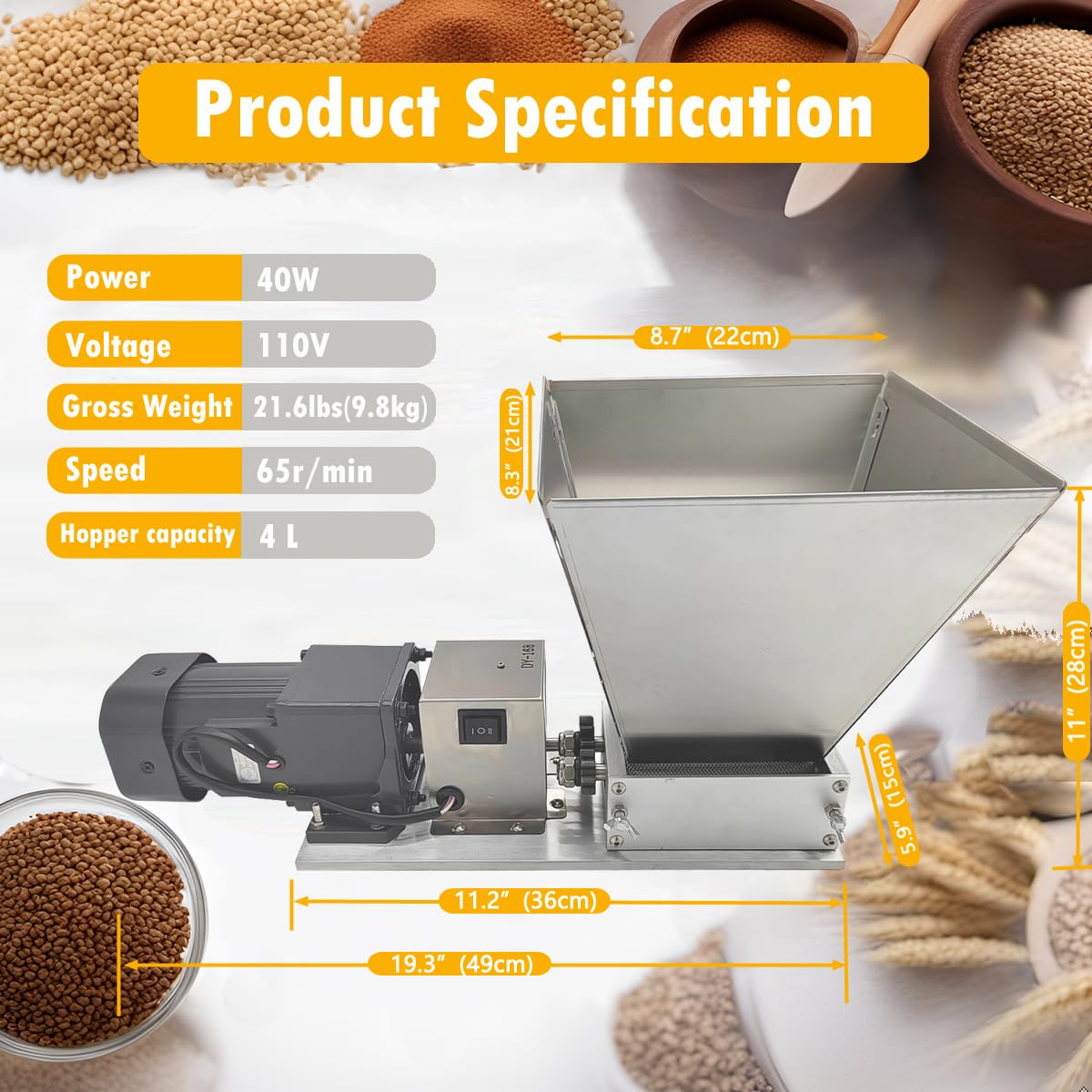 110V 60W 75RPM Stainless Steel Grain Mill with 4 Hopper and 2 Rollers B178