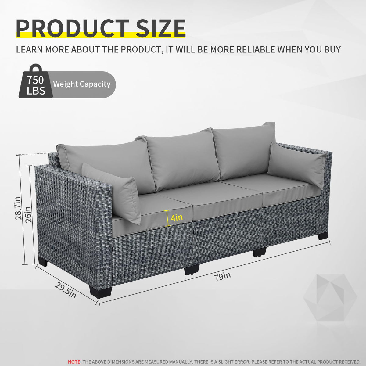 Light Grey Wicker 3-seat Outdoor Sofa with Cushions P350