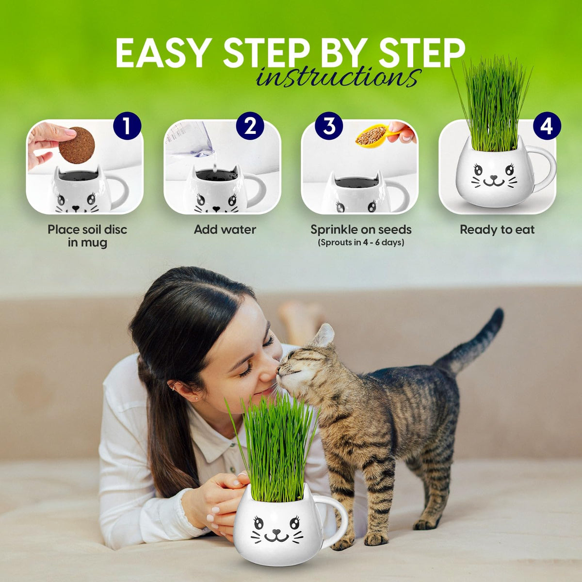 Cat Grass Growing Kit with Seeds, Soil & Ceramic Planter F2029