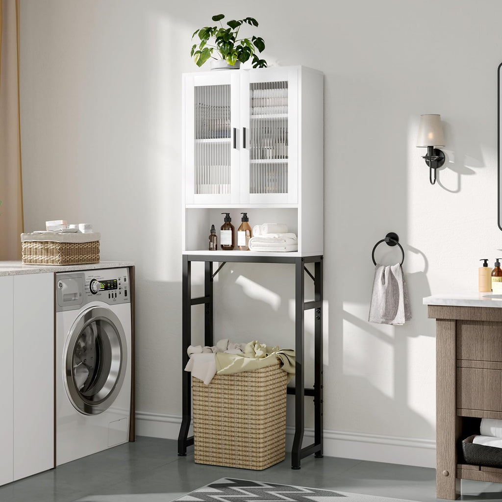 White Over The Toilet Storage Cabinet with Glass Doors V6852
