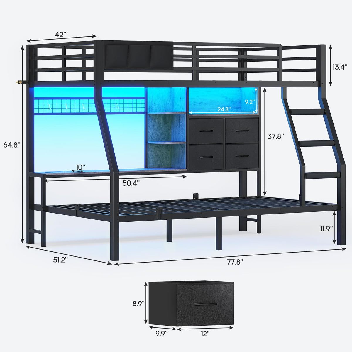 Black Twin Over Twin Bunk Bed with Charging Station & LED Lights P83254