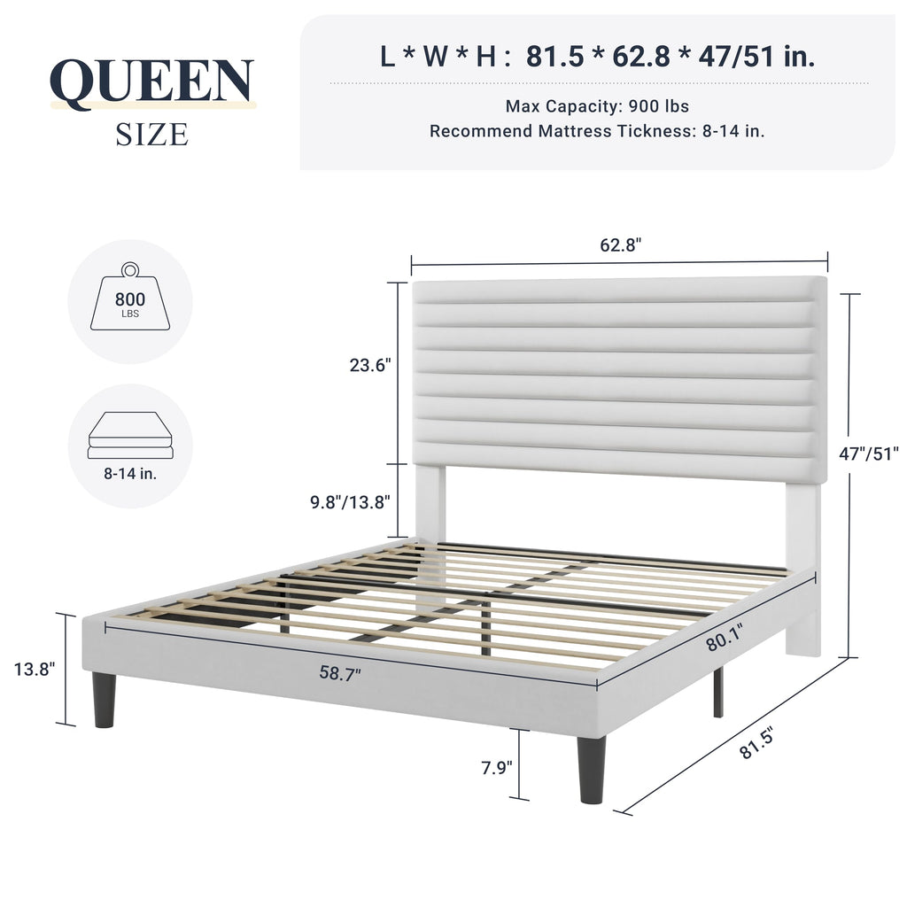 Queen Velvet Upholstered Bed Frame with Adjustable Headboard F46800
