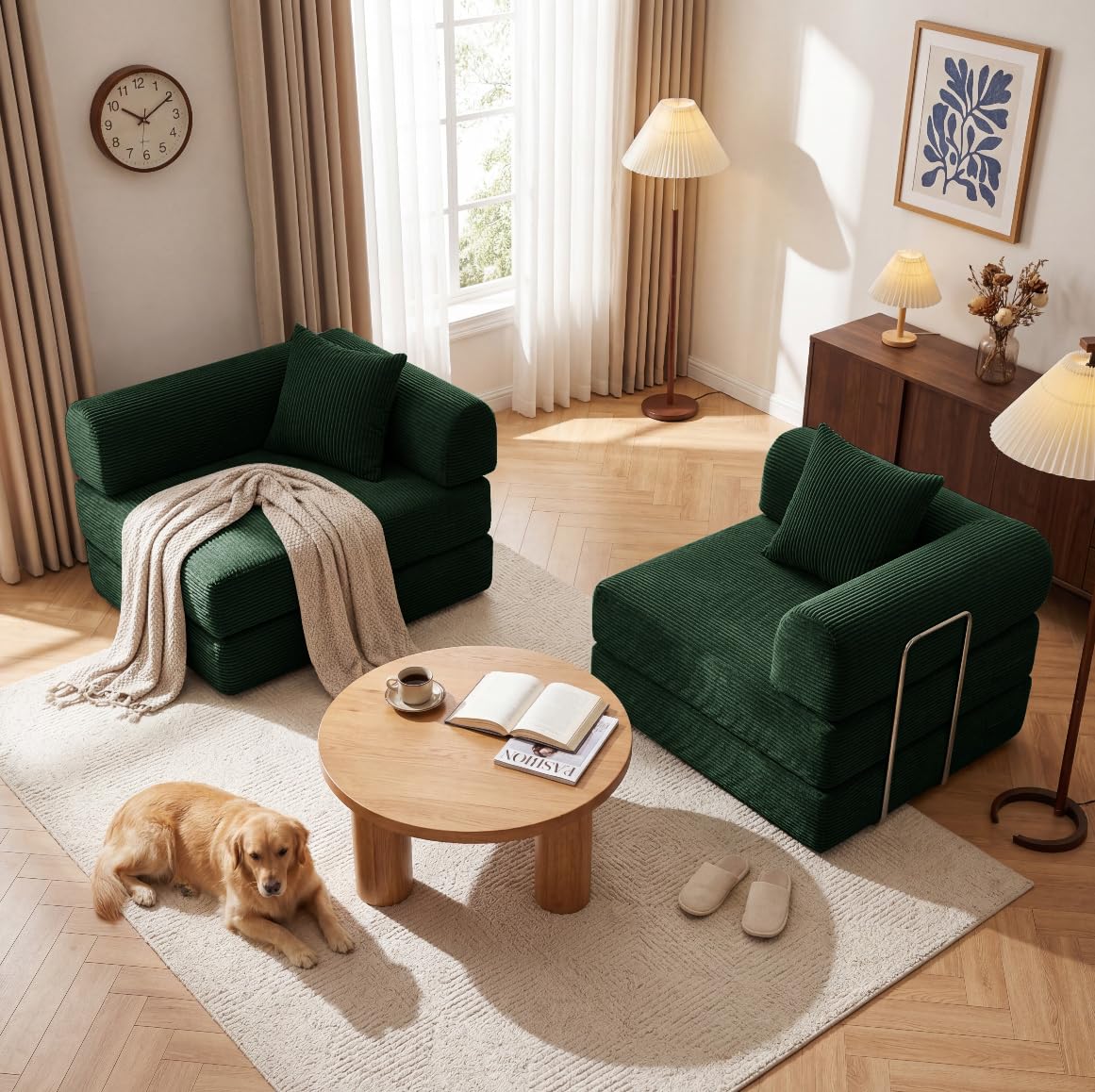 Green Corduroy Convertible Sofa Bed with 2 Pillows I64167