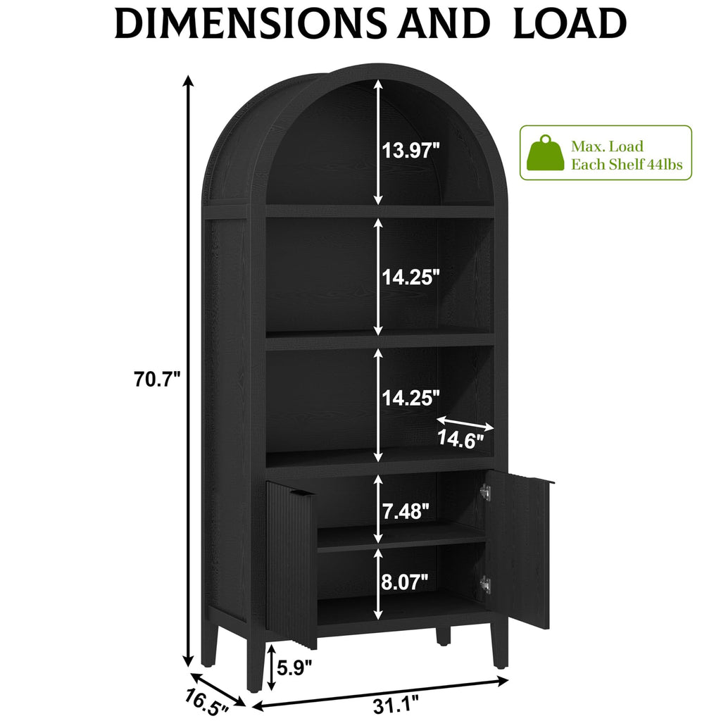 Black 5-Tier Arched Bookshelf with Fluted Doors T780