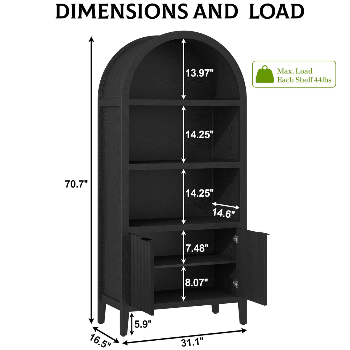Black 5-Tier Arched Bookshelf with Fluted Doors T780