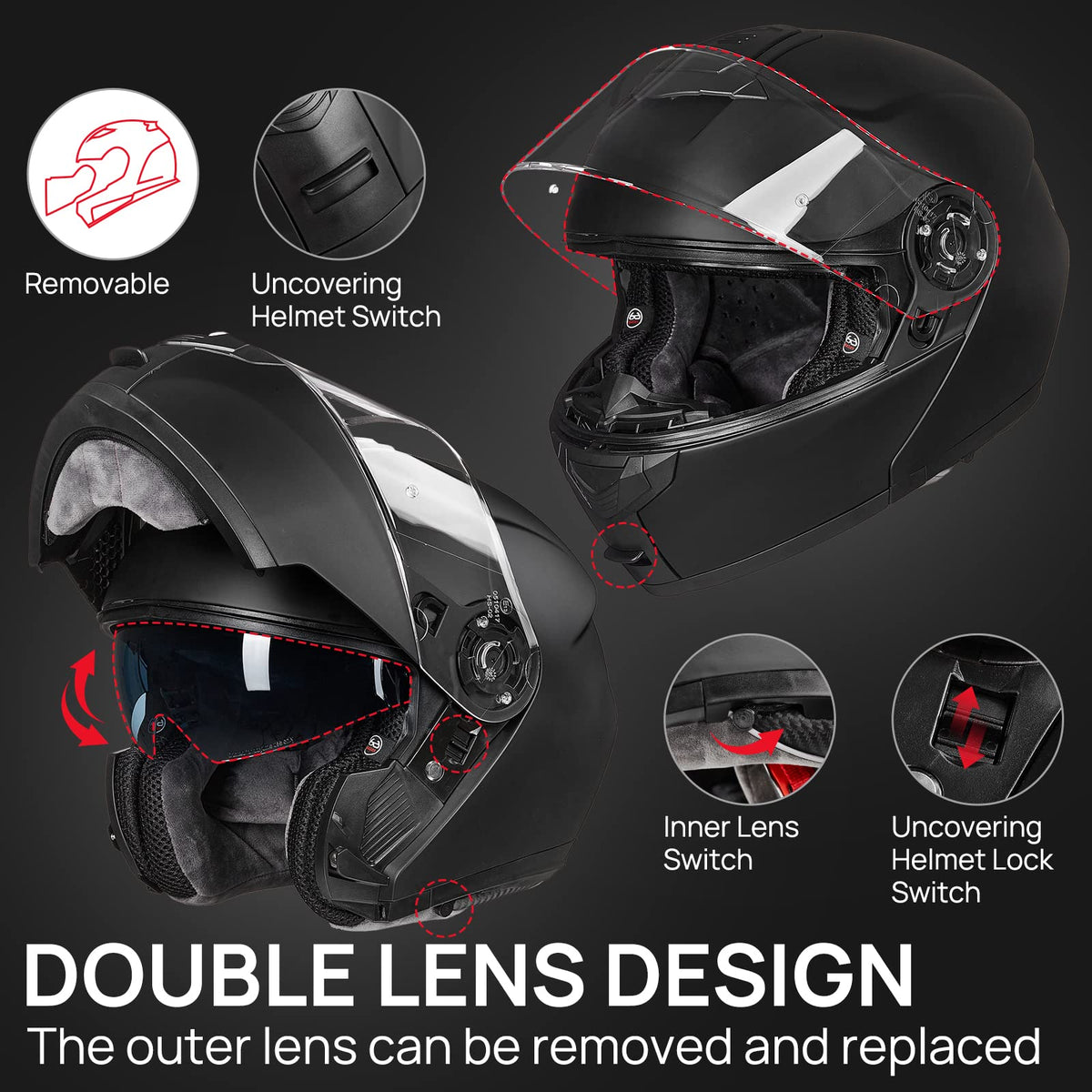Matte Black Large Modular Full Face Motorcycle Helmet C599