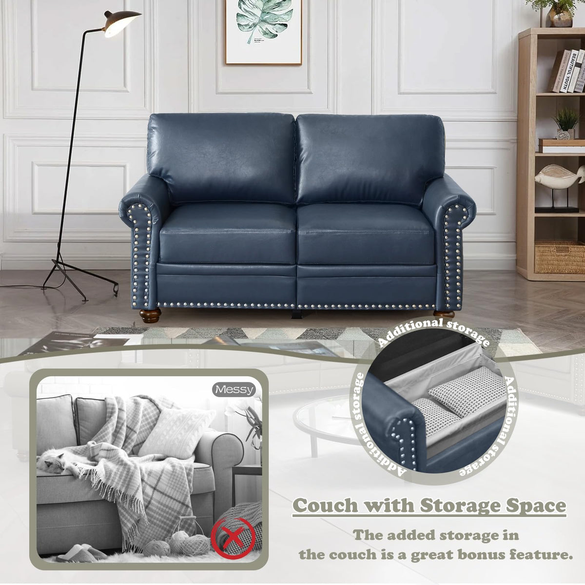 Navy Blue PU Leather Storage Loveseat Sofa P1310