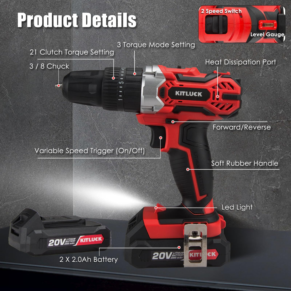Cordless Drill Set 20V 2 Battery 44pcs Bits 3/8'' Chuck U952756