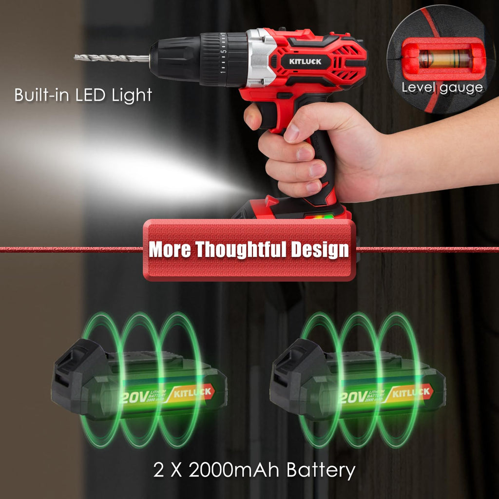 Cordless Drill Set 20V 2 Battery 44pcs Bits 3/8'' Chuck U952756