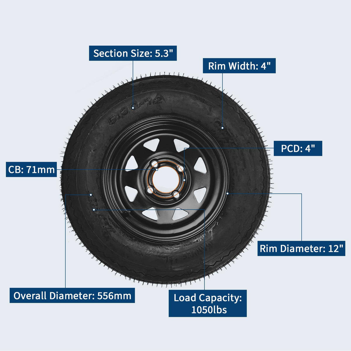 2-Pack Trailer Tire On Rim 5.30-12 4 Lug 12 in Wheels Load Range C Black A421