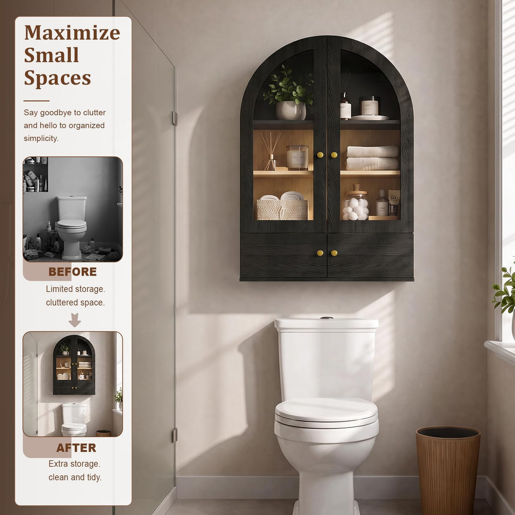 Black Arched Wall Mounted Cabinet with Glass Doors D86870