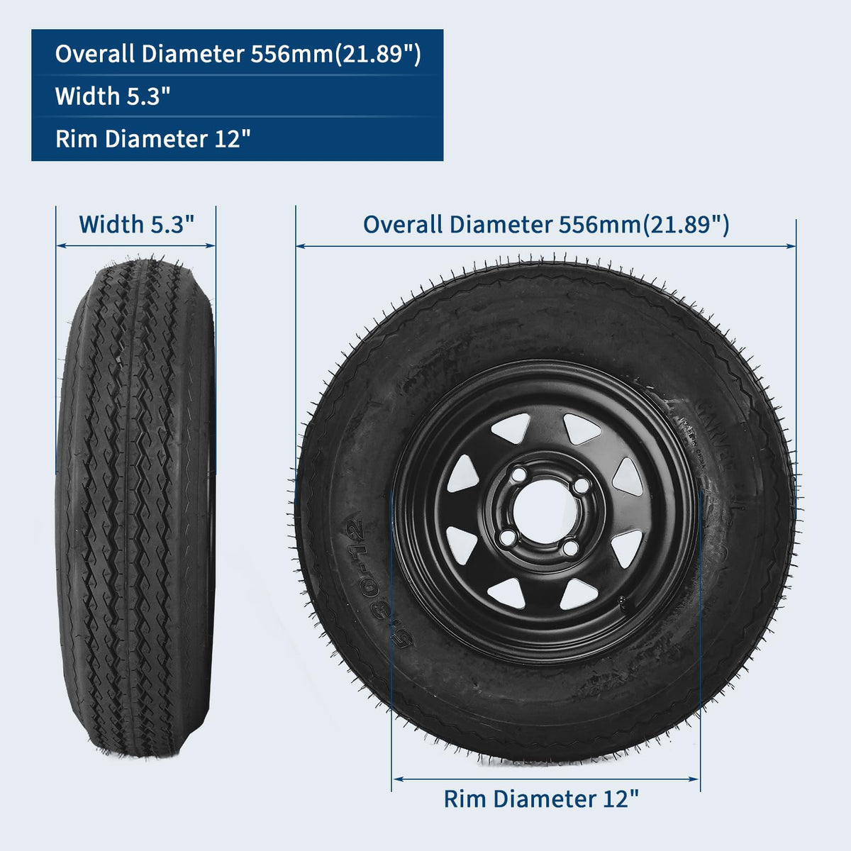 2-Pack Trailer Tire On Rim 5.30-12 4 Lug 12 in Wheels Load Range C Black A421