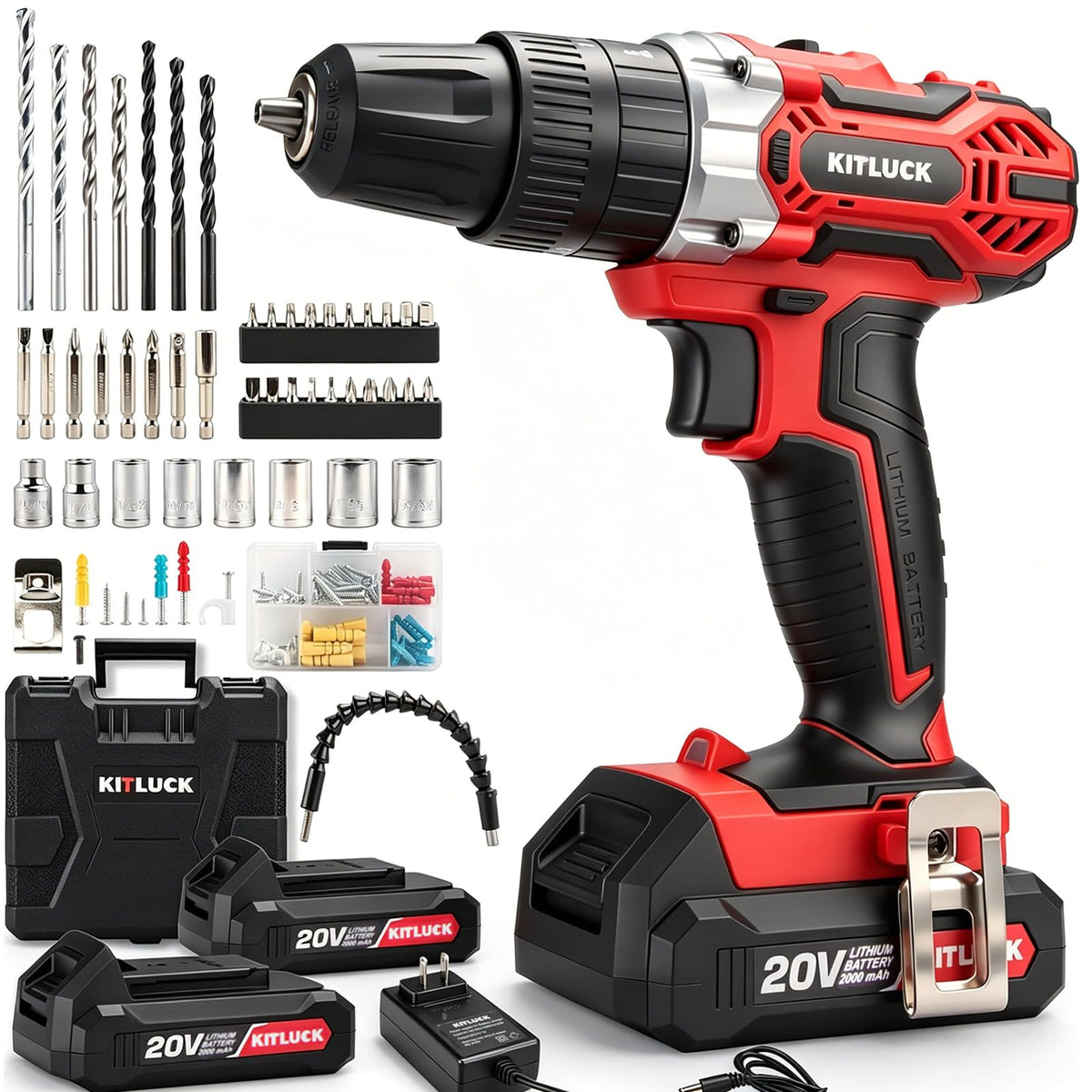 Cordless Drill Set 20V 2 Battery 44pcs Bits 3/8'' Chuck U952756