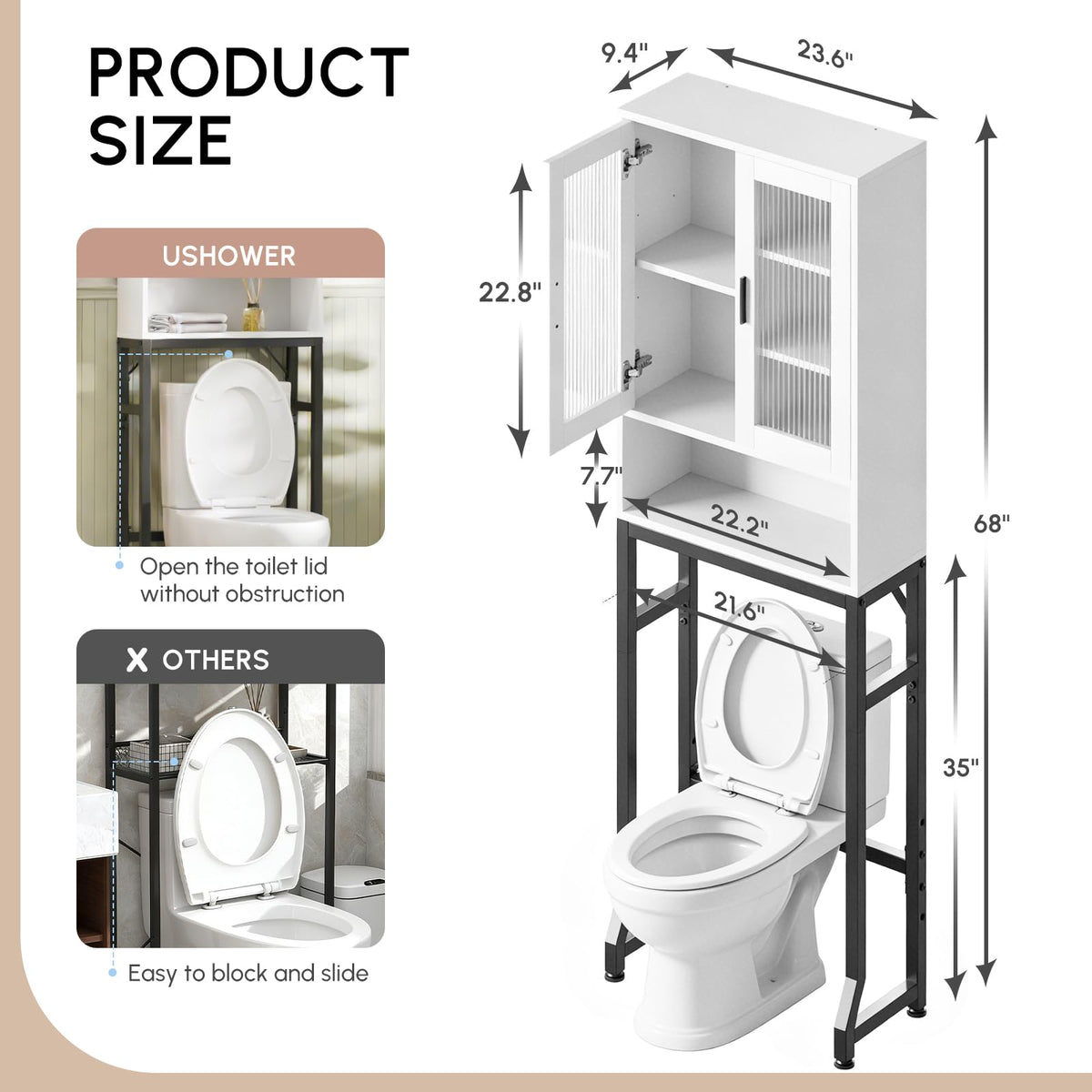 White Over The Toilet Storage Cabinet with Glass Doors V6852