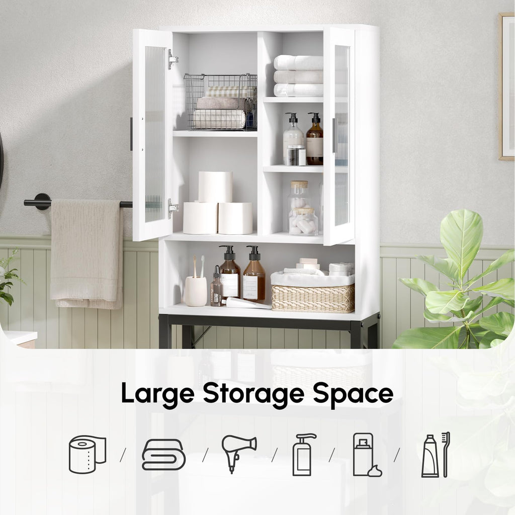 White Over The Toilet Storage Cabinet with Glass Doors V6852