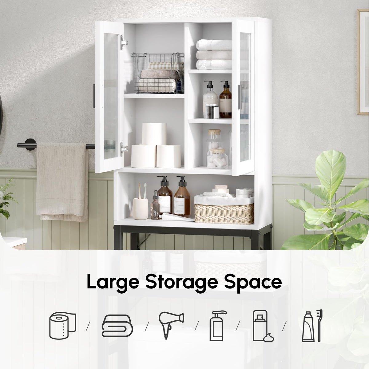 White Over The Toilet Storage Cabinet with Glass Doors V6852
