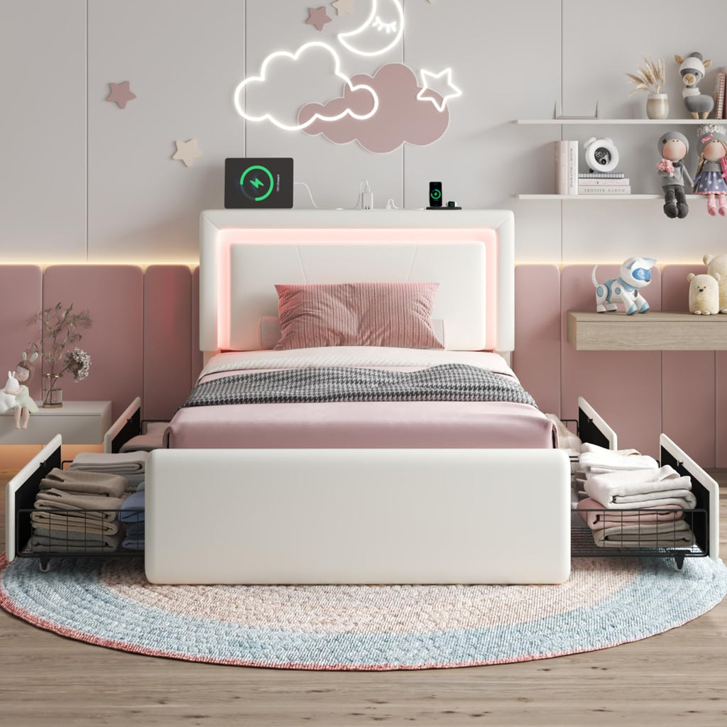 White Twin Size Bed Frame with 4 Storage Drawers V118029