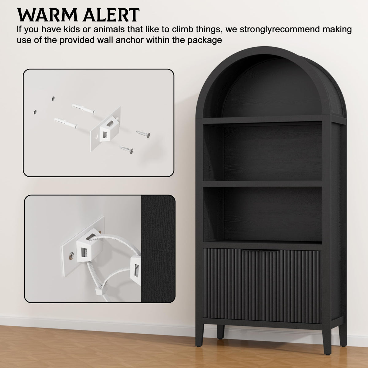 Black 5-Tier Arched Bookshelf with Fluted Doors T780