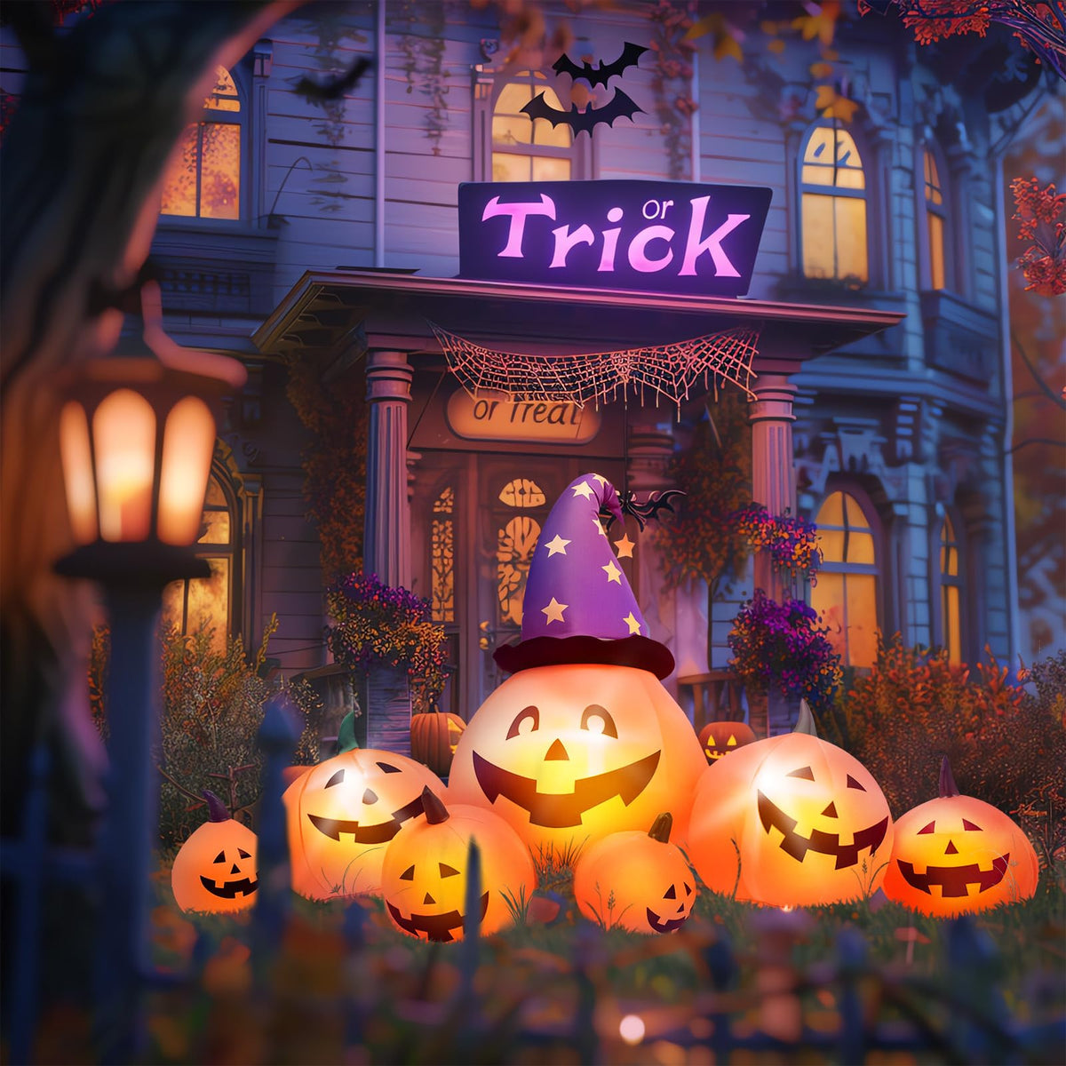 8 FT Inflatable Pumpkins and Witch Hat with Built-in LED Lights R54681