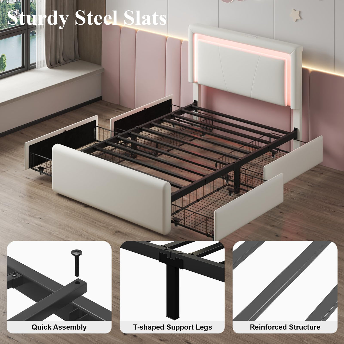 White Twin Size Bed Frame with 4 Storage Drawers V118029