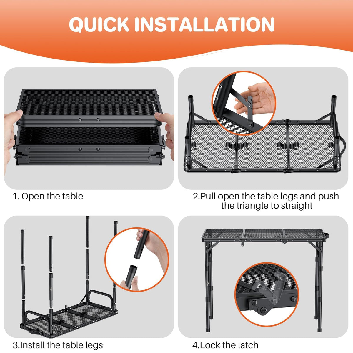 Folding Grill Table 3ft 3 Adjustable Heights Black A7932
