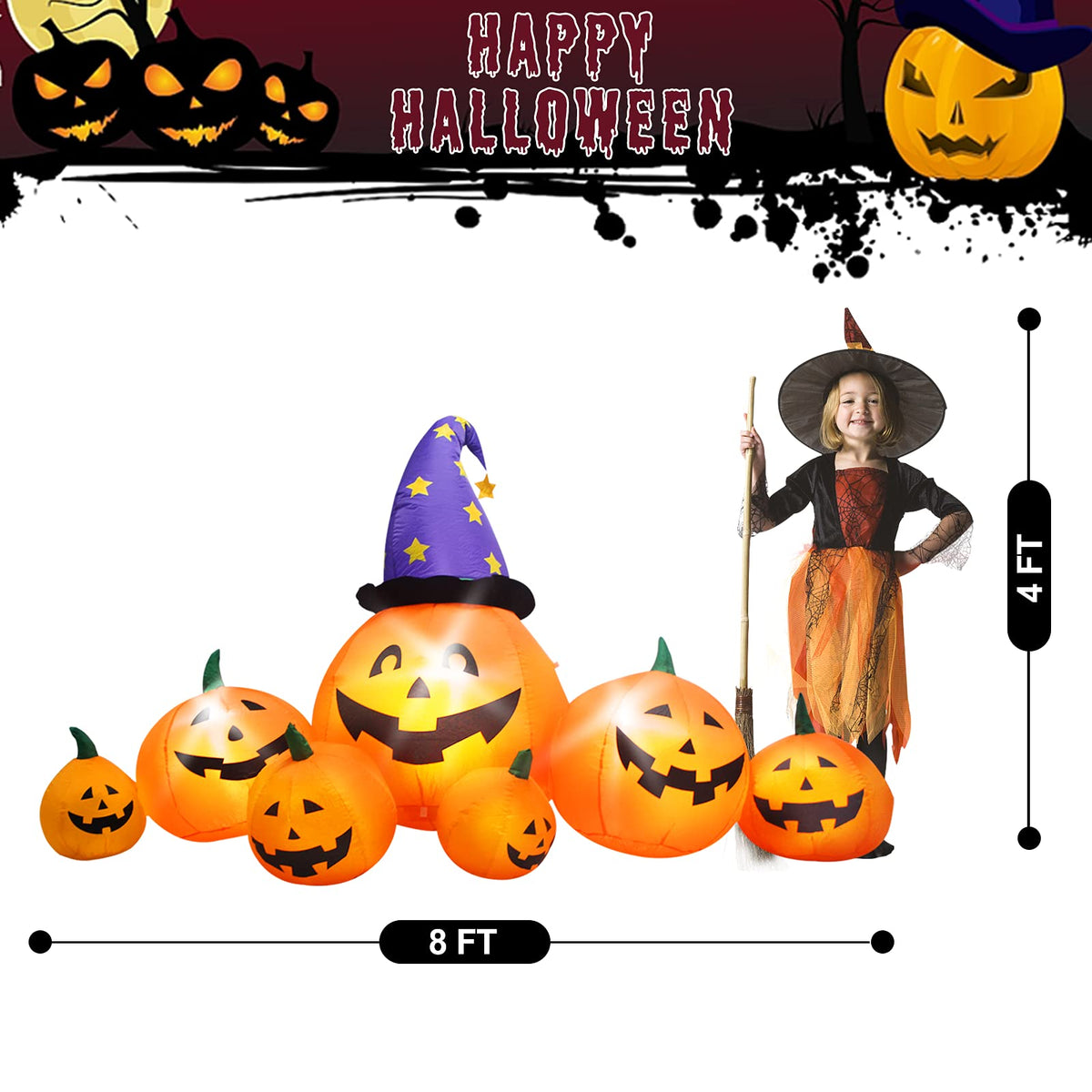 8 FT Inflatable Pumpkins and Witch Hat with Built-in LED Lights R54681