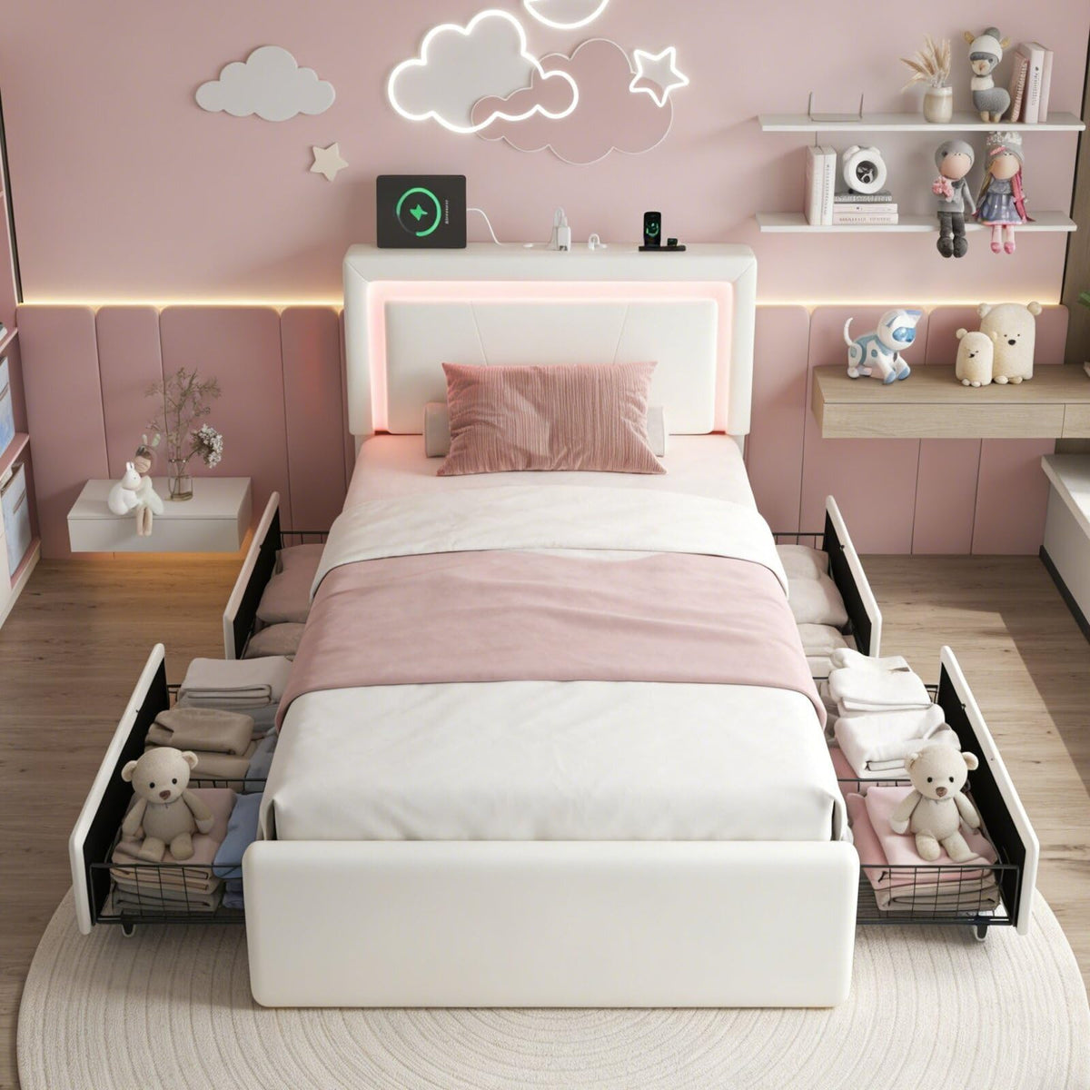 White Twin Size Bed Frame with 4 Storage Drawers V118029