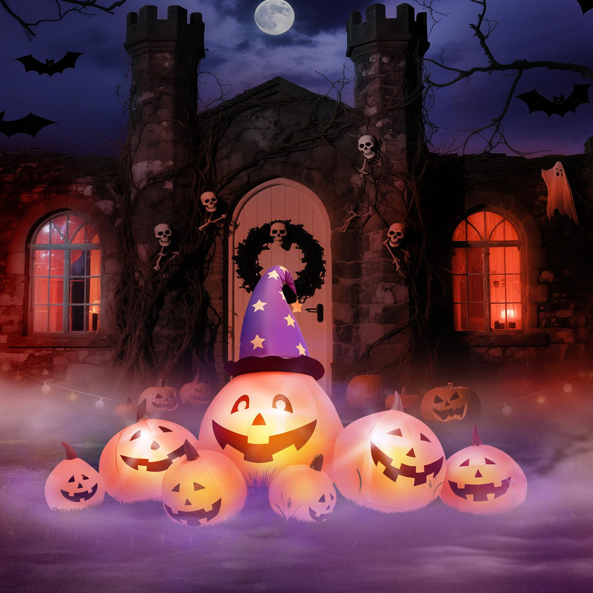 8 FT Inflatable Pumpkins and Witch Hat with Built-in LED Lights R54681