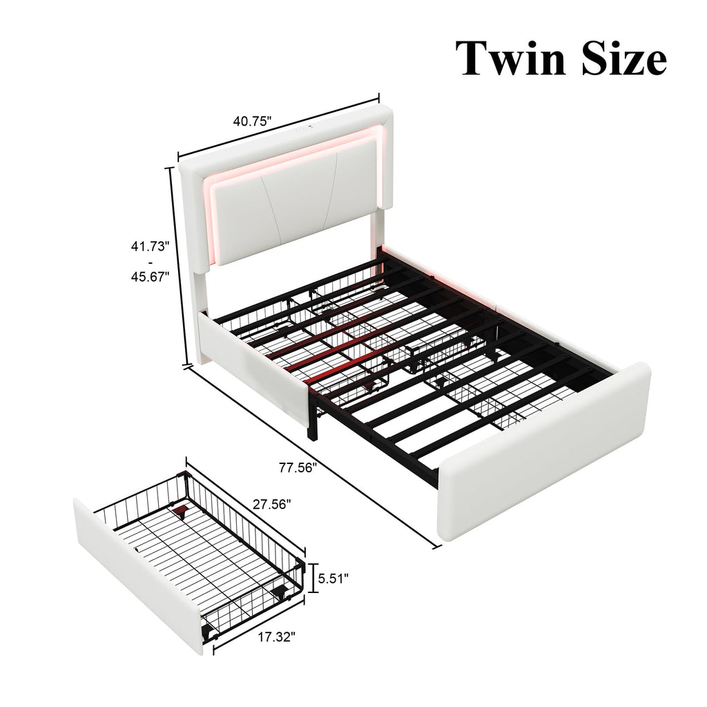 White Twin Size Bed Frame with 4 Storage Drawers V118029