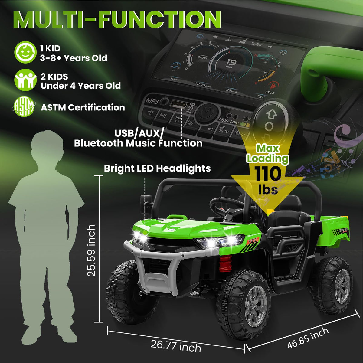 24V 4WD Ride on Truck Car with Dump Bed, 2 Seaters, Remote Control, Green L81288