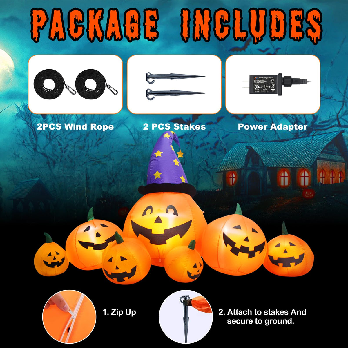 8 FT Inflatable Pumpkins and Witch Hat with Built-in LED Lights R54681