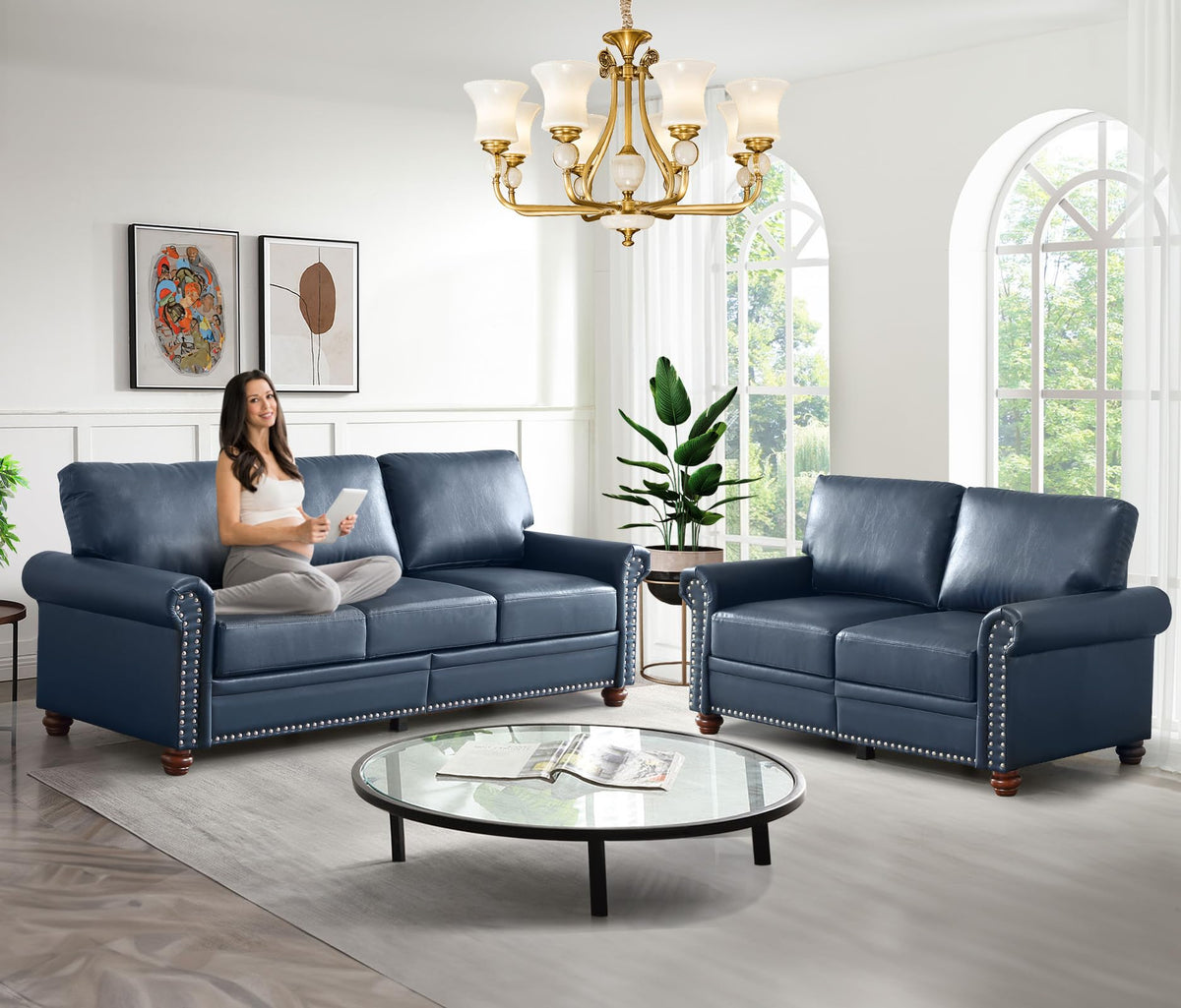 Navy Blue PU Leather Storage Loveseat Sofa P1310