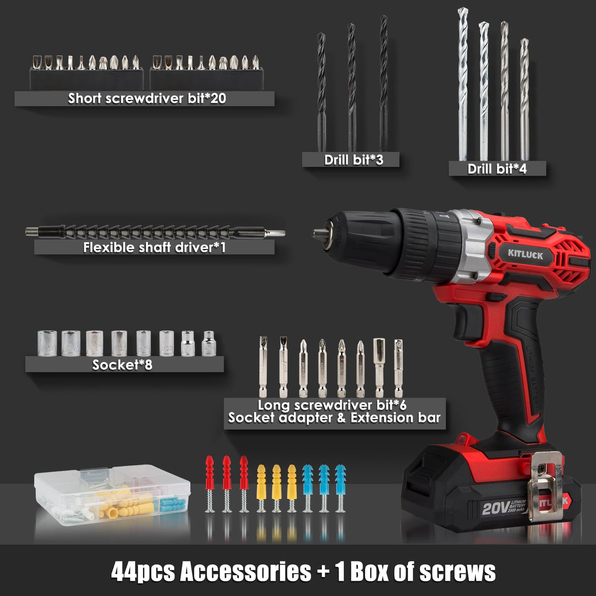 Cordless Drill Set 20V 2 Battery 44pcs Bits 3/8'' Chuck U952756