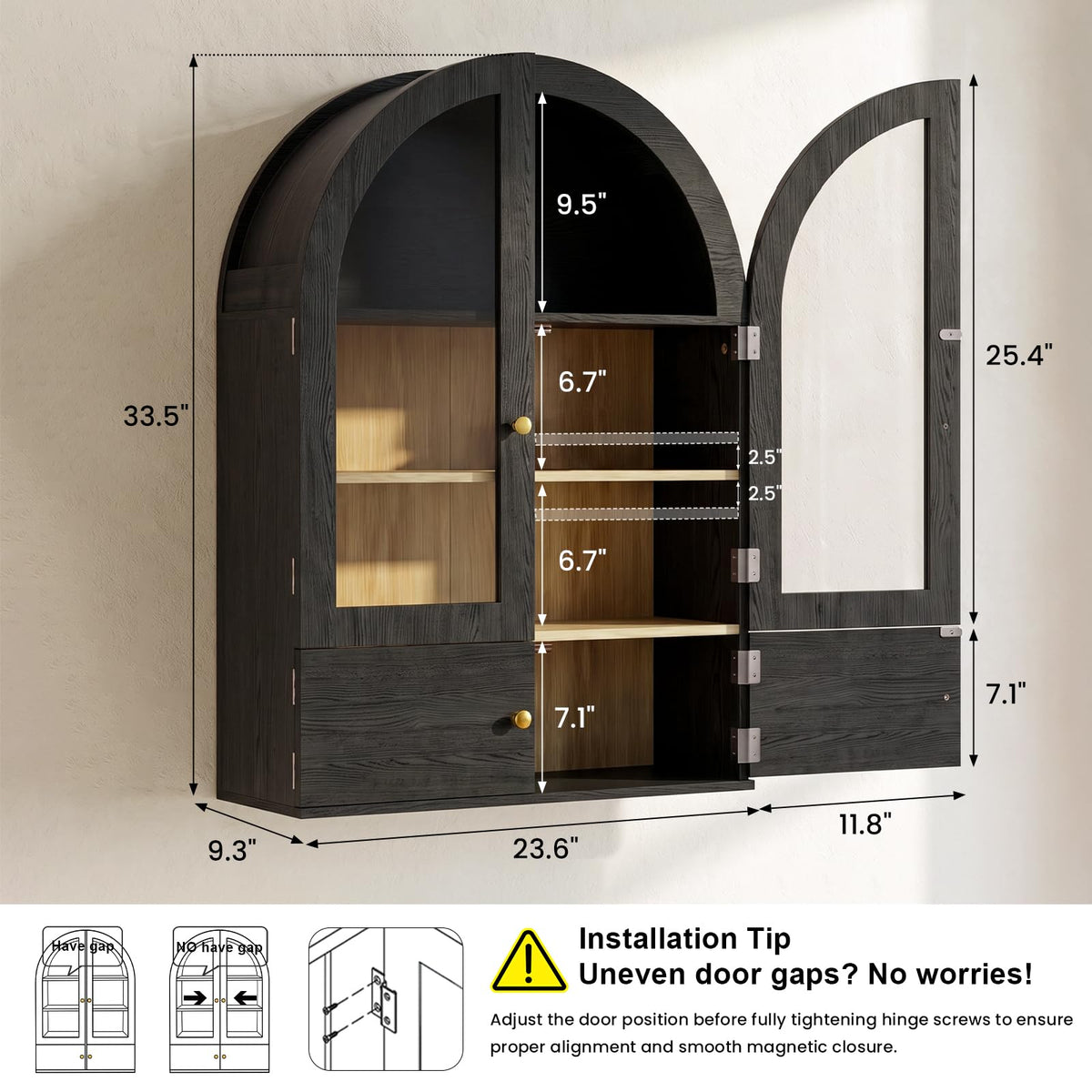 Black Arched Wall Mounted Cabinet with Glass Doors D86870