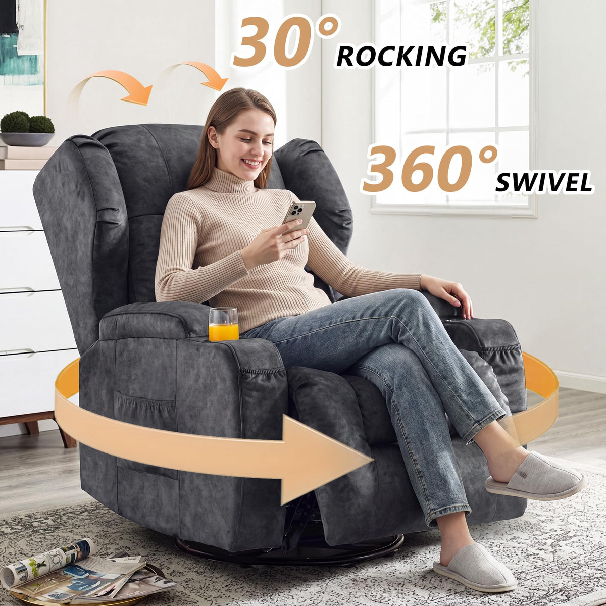 Manual Swivel Rocker Recliner Chair Velvet Grey H624