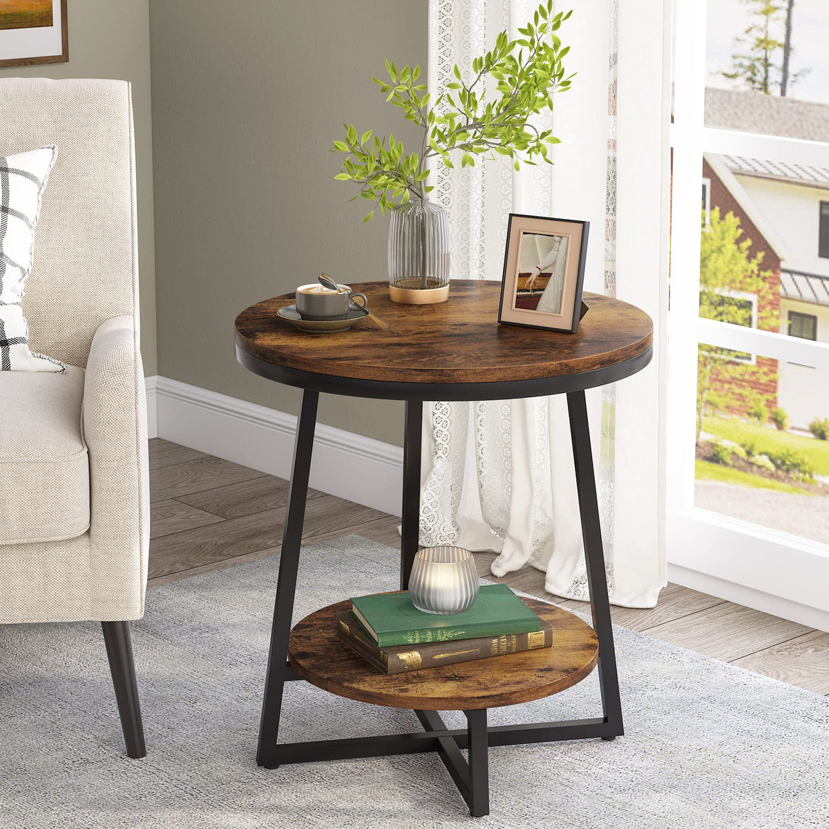 2 Tier Round End Table with Storage Shelf P7567