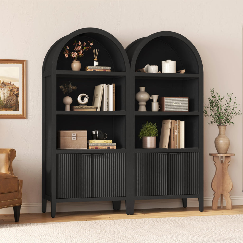 Black 5-Tier Arched Bookshelf with Fluted Doors T780