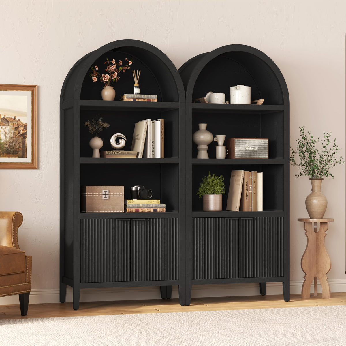 Black 5-Tier Arched Bookshelf with Fluted Doors T780