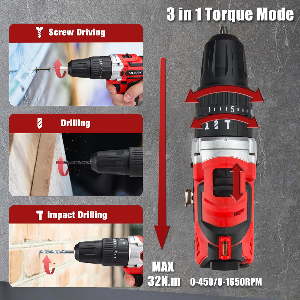 Cordless Drill Set 20V 2 Battery 44pcs Bits 3/8'' Chuck U952756