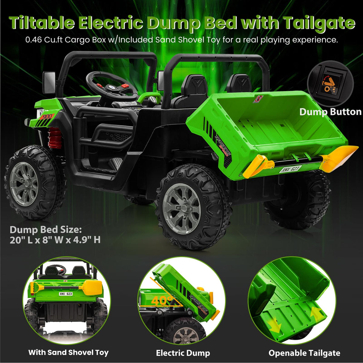 24V 4WD Ride on Truck Car with Dump Bed, 2 Seaters, Remote Control, Green L81288