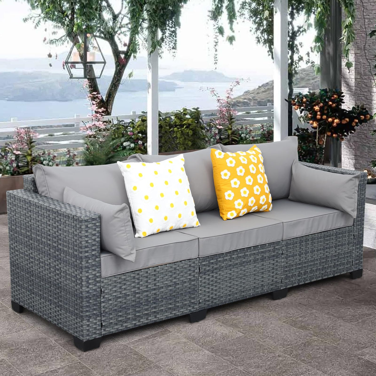 Light Grey Wicker 3-seat Outdoor Sofa with Cushions P350