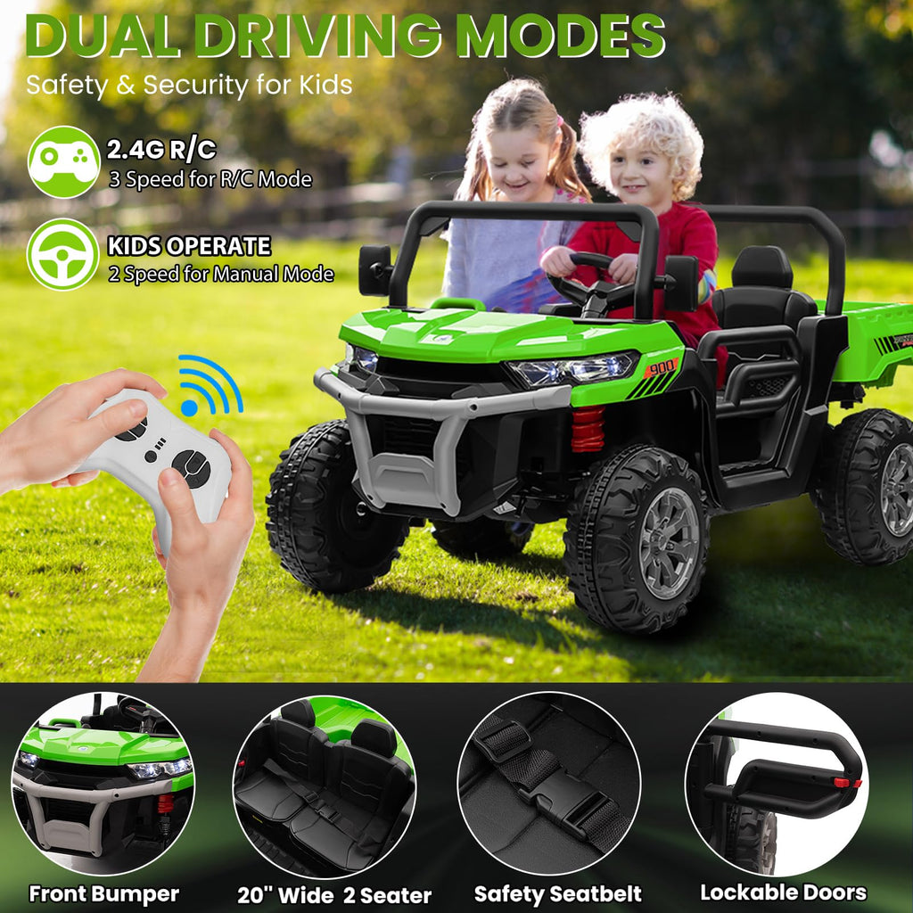 24V 4WD Ride on Truck Car with Dump Bed, 2 Seaters, Remote Control, Green L81288