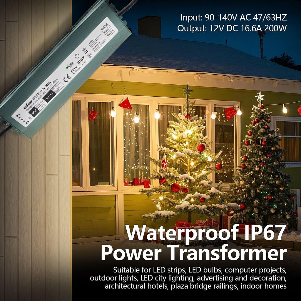2 Pack 12V 200W Waterproof IP67 LED Driver H47975